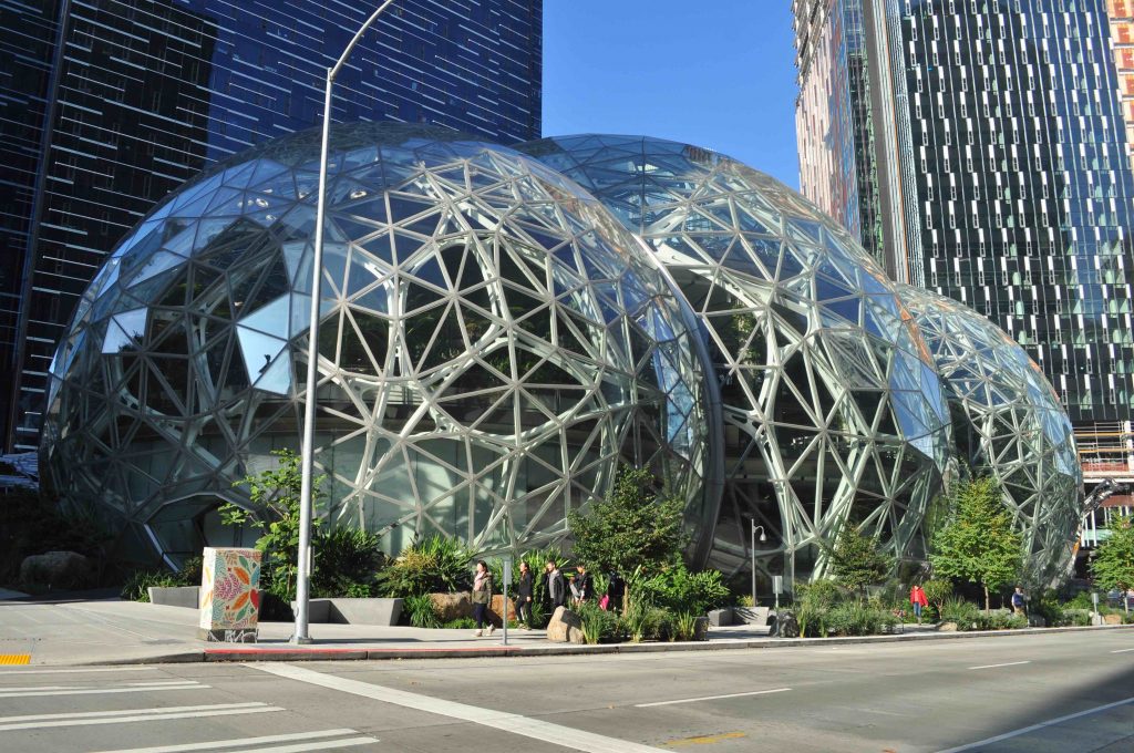 The Amazon Spheres on Lenora Street in Seattle. One is secretly home to Jeff Bezos' private vault of gold coins where he swims like Scrooge McDuck.